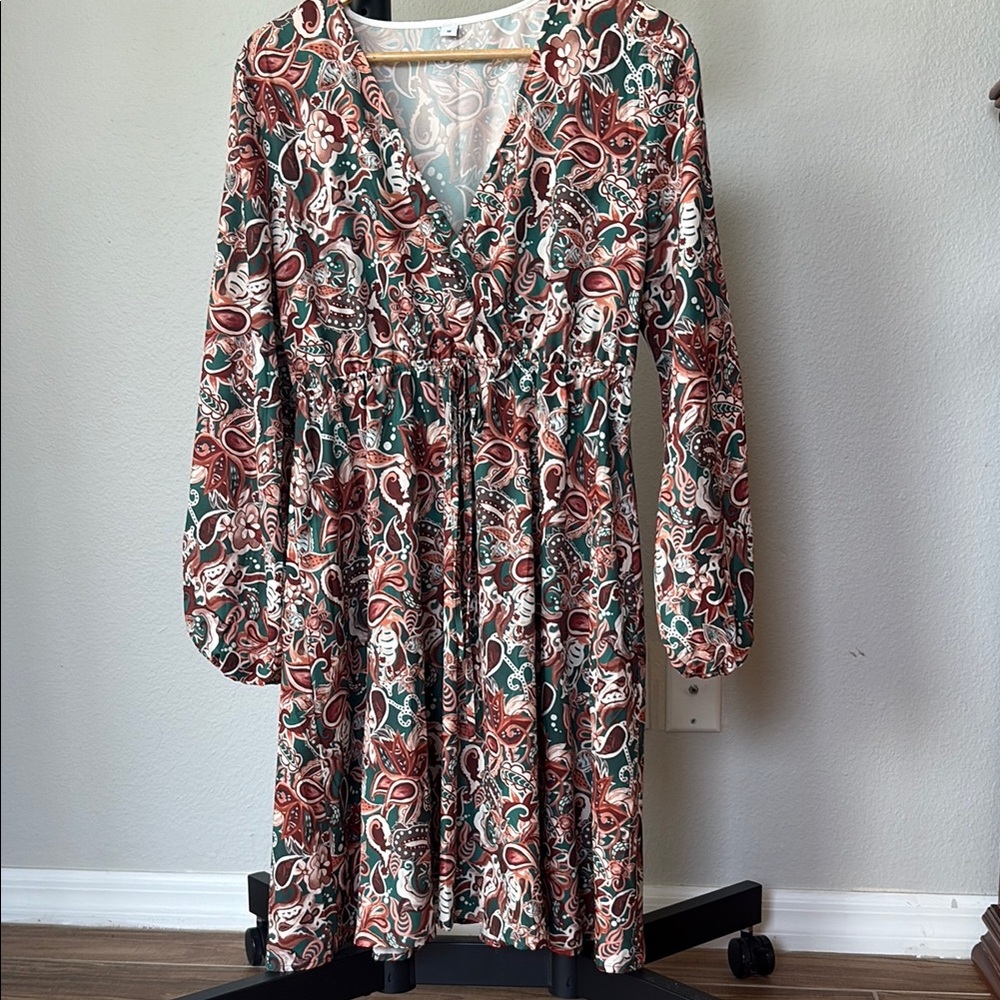 Pink and Red V-Neck Sundress with Bishop Sleeves